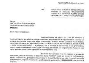 Alcalde pide a Presidenta Bachelet incluir Avenida Última Esperanza  a Plan de Zonas Extremas