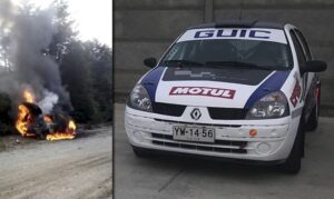Auto de rally se incendia con dos pilotos en plena competencia