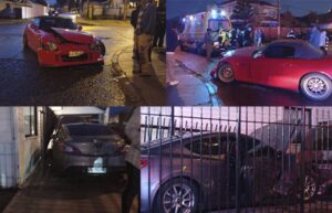 Colisión entre vehículos deportivos terminó con uno de ellos al interior del estacionamiento de una vivienda
