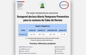 Emiten alerta preventiva por bajas temperaturas extremas en Cabo de Hornos