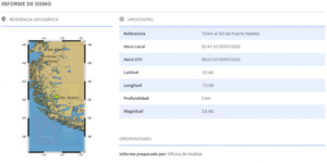 Sismo de magnitud 3.6 escala Richter a 10 km de Puerto Natales