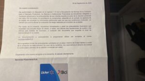Molestia por amenazante carta de Servicios Financieros LIDER