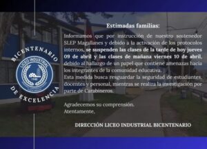Suspensión de clases en el Liceo Industrial de Punta Arenas por amenaza a la comunidad educativa
